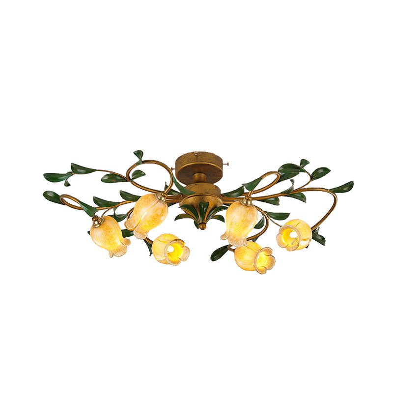Tulip White/Yellow Glass Semi Flush Light Fixture Traditional 6 Lights Dining Room Ceiling Mount Chandelier in Brass Clearhalo 'Ceiling Lights' 'Close To Ceiling Lights' 'Close to ceiling' 'Glass shade' 'Glass' 'Semi-flushmount' Lighting' 337808
