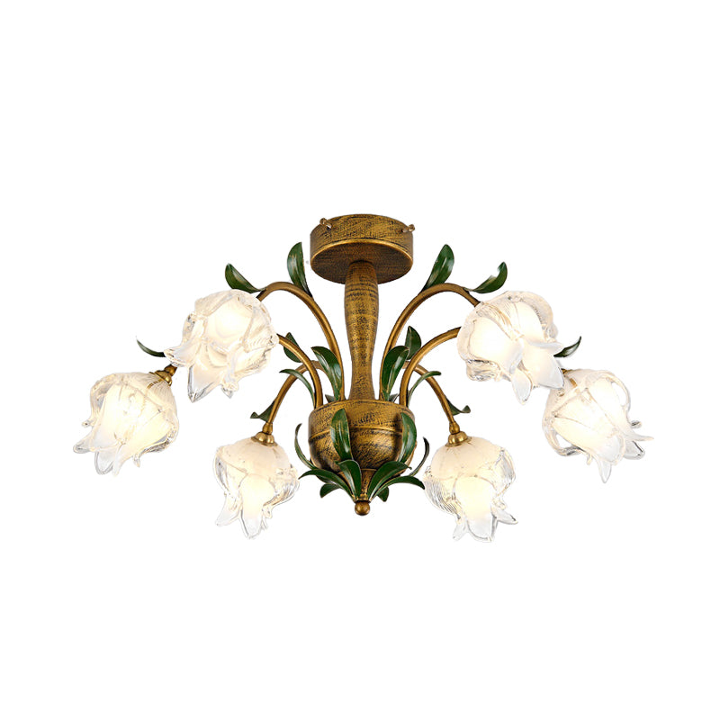 Blossom Bedroom Semi Flush Light Countryside White/Yellow Glass 6 Lights Brass Ceiling Lighting Clearhalo 'Ceiling Lights' 'Chandeliers' 'Close To Ceiling Lights' 'Close to ceiling' 'Glass shade' 'Glass' 'Semi-flushmount' Lighting' 337811