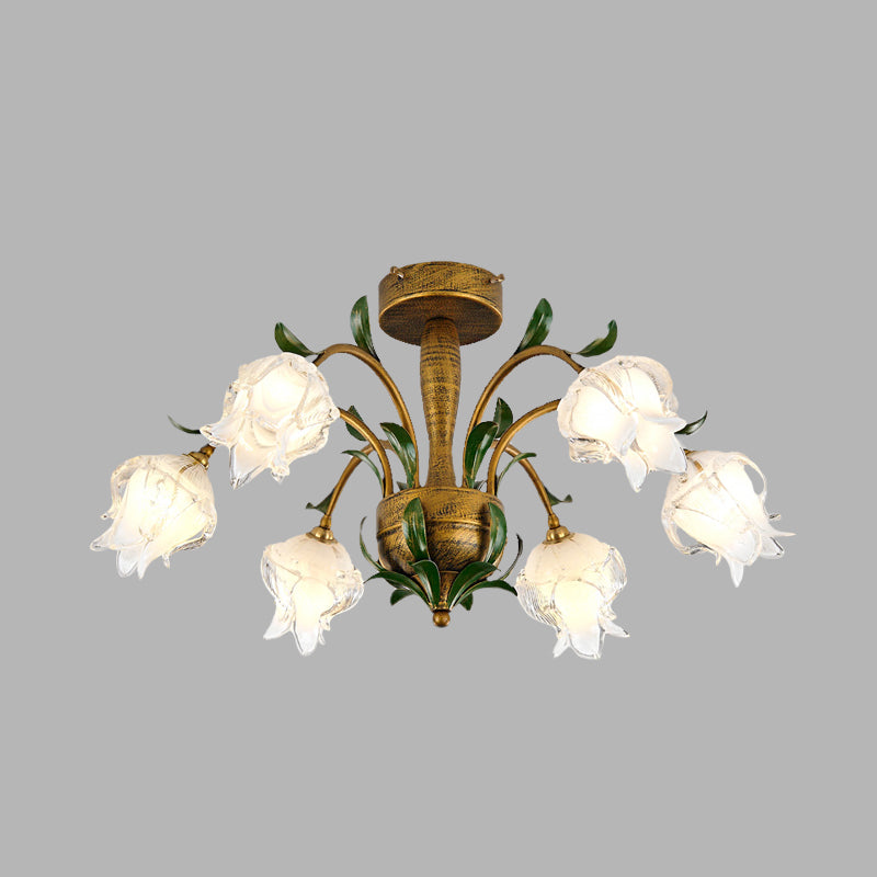 Blossom Bedroom Semi Flush Light Countryside White/Yellow Glass 6 Lights Brass Ceiling Lighting Clearhalo 'Ceiling Lights' 'Chandeliers' 'Close To Ceiling Lights' 'Close to ceiling' 'Glass shade' 'Glass' 'Semi-flushmount' Lighting' 337812