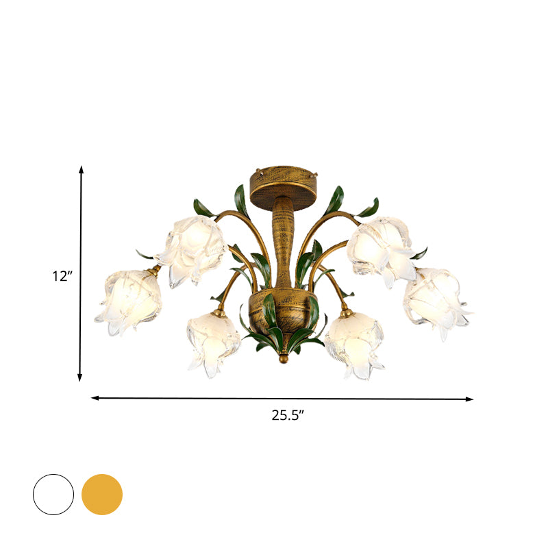 Blossom Bedroom Semi Flush Light Countryside White/Yellow Glass 6 Lights Brass Ceiling Lighting Clearhalo 'Ceiling Lights' 'Chandeliers' 'Close To Ceiling Lights' 'Close to ceiling' 'Glass shade' 'Glass' 'Semi-flushmount' Lighting' 337813