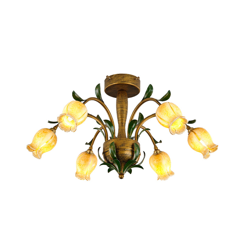 Blossom Bedroom Semi Flush Light Countryside White/Yellow Glass 6 Lights Brass Ceiling Lighting Yellow Clearhalo 'Ceiling Lights' 'Chandeliers' 'Close To Ceiling Lights' 'Close to ceiling' 'Glass shade' 'Glass' 'Semi-flushmount' Lighting' 337814