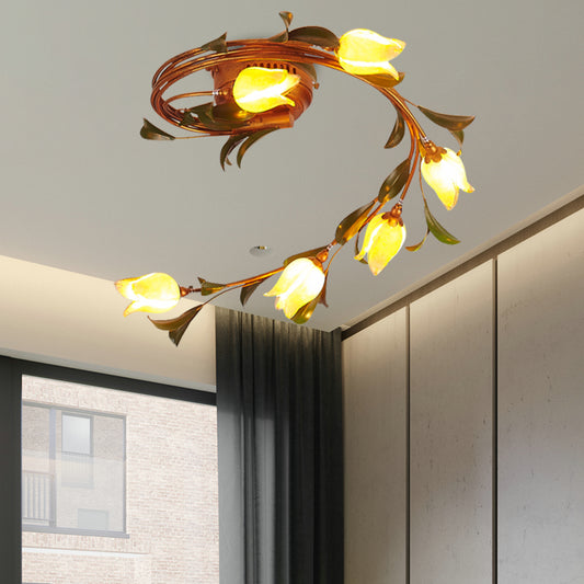 Brass 6 Lights Semi-Flush Mount Rustic Yellow Glass Twist Ceiling Light Fixture for Bedroom Brass Clearhalo 'Ceiling Lights' 'Chandeliers' 'Close To Ceiling Lights' 'Close to ceiling' 'Glass shade' 'Glass' 'Semi-flushmount' Lighting' 337815