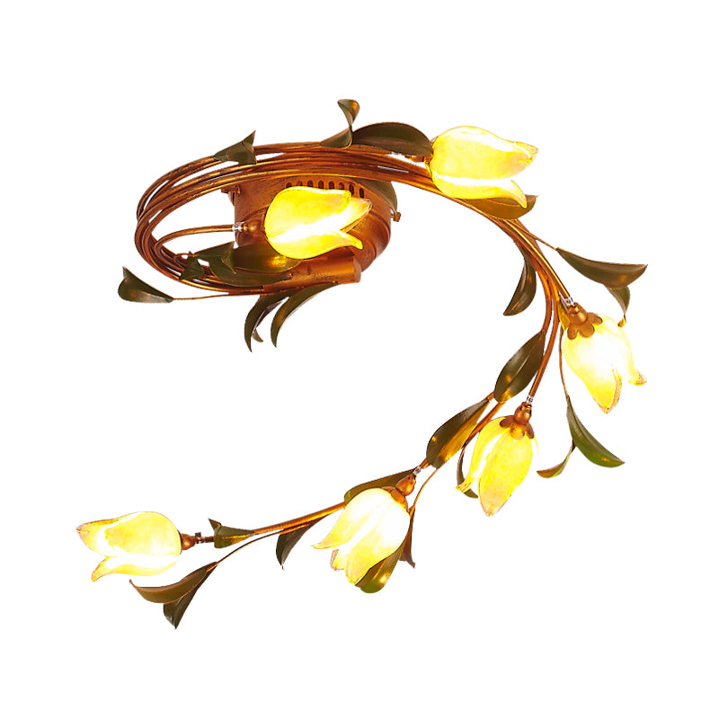 Brass 6 Lights Semi-Flush Mount Rustic Yellow Glass Twist Ceiling Light Fixture for Bedroom Clearhalo 'Ceiling Lights' 'Chandeliers' 'Close To Ceiling Lights' 'Close to ceiling' 'Glass shade' 'Glass' 'Semi-flushmount' Lighting' 337817