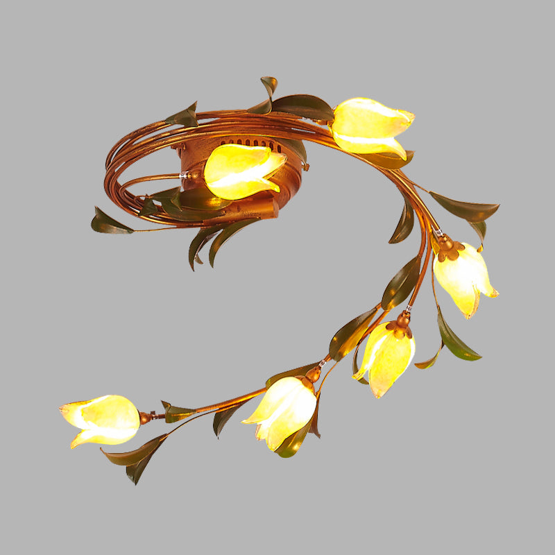 Brass 6 Lights Semi-Flush Mount Rustic Yellow Glass Twist Ceiling Light Fixture for Bedroom Clearhalo 'Ceiling Lights' 'Chandeliers' 'Close To Ceiling Lights' 'Close to ceiling' 'Glass shade' 'Glass' 'Semi-flushmount' Lighting' 337818