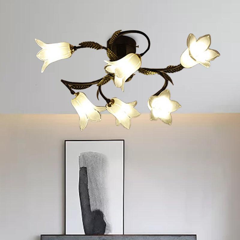 Lodge Flower Semi Flush Mount Lighting 6 Lights White/Yellow/Purple Glass Ceiling Lamp for Bedroom White Clearhalo 'Ceiling Lights' 'Close To Ceiling Lights' 'Close to ceiling' 'Glass shade' 'Glass' 'Semi-flushmount' Lighting' 337825