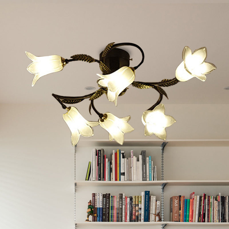 Lodge Flower Semi Flush Mount Lighting 6 Lights White/Yellow/Purple Glass Ceiling Lamp for Bedroom Clearhalo 'Ceiling Lights' 'Close To Ceiling Lights' 'Close to ceiling' 'Glass shade' 'Glass' 'Semi-flushmount' Lighting' 337826