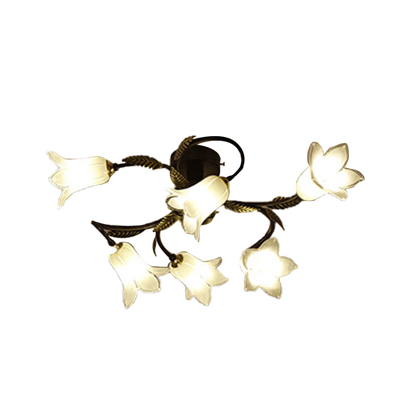 Lodge Flower Semi Flush Mount Lighting 6 Lights White/Yellow/Purple Glass Ceiling Lamp for Bedroom Clearhalo 'Ceiling Lights' 'Close To Ceiling Lights' 'Close to ceiling' 'Glass shade' 'Glass' 'Semi-flushmount' Lighting' 337827