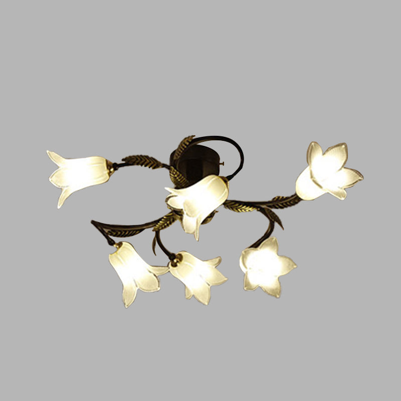 Lodge Flower Semi Flush Mount Lighting 6 Lights White/Yellow/Purple Glass Ceiling Lamp for Bedroom Clearhalo 'Ceiling Lights' 'Close To Ceiling Lights' 'Close to ceiling' 'Glass shade' 'Glass' 'Semi-flushmount' Lighting' 337828