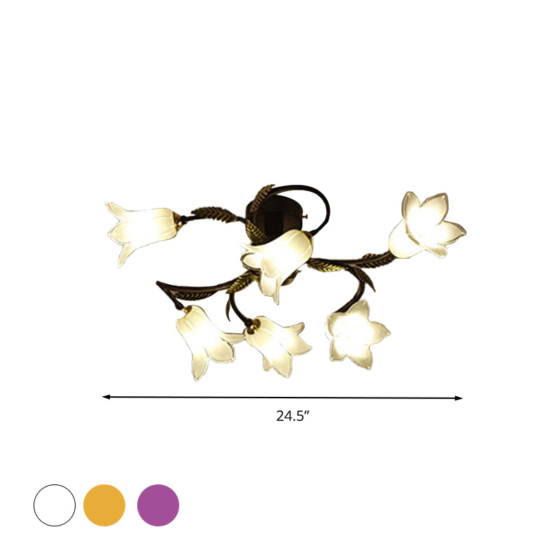 Lodge Flower Semi Flush Mount Lighting 6 Lights White/Yellow/Purple Glass Ceiling Lamp for Bedroom Clearhalo 'Ceiling Lights' 'Close To Ceiling Lights' 'Close to ceiling' 'Glass shade' 'Glass' 'Semi-flushmount' Lighting' 337829