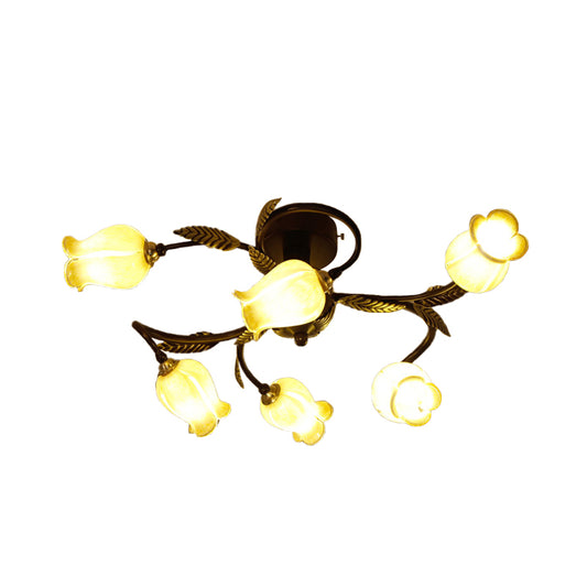 Lodge Flower Semi Flush Mount Lighting 6 Lights White/Yellow/Purple Glass Ceiling Lamp for Bedroom Clearhalo 'Ceiling Lights' 'Close To Ceiling Lights' 'Close to ceiling' 'Glass shade' 'Glass' 'Semi-flushmount' Lighting' 337831