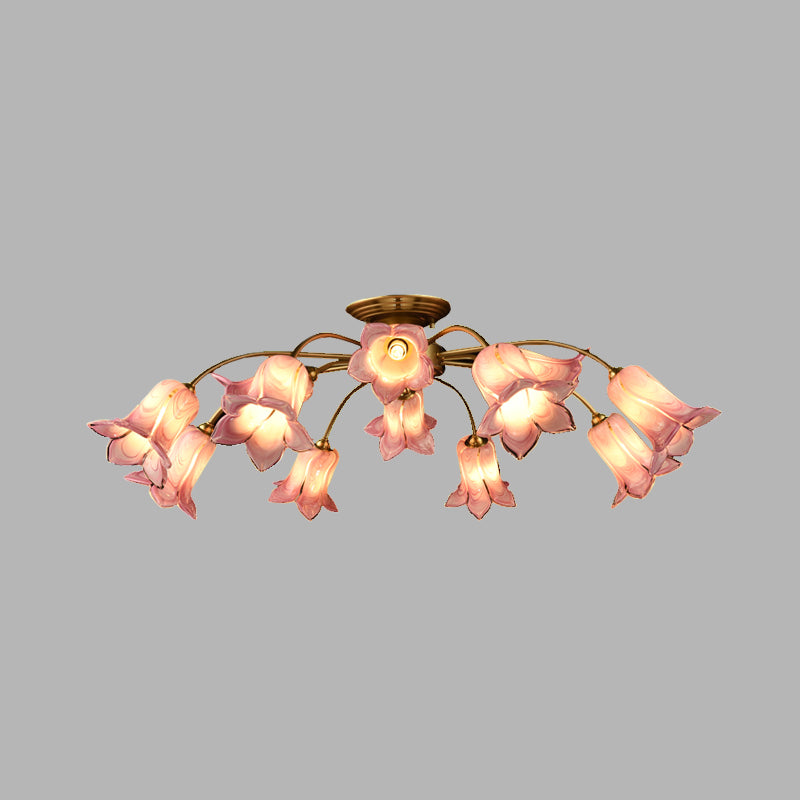 12 Lights Semi Flush Mount Minimalism Blossom White/Purple Glass Close to Ceiling Lamp for Bedroom Clearhalo 'Ceiling Lights' 'Close To Ceiling Lights' 'Close to ceiling' 'Glass shade' 'Glass' 'Semi-flushmount' Lighting' 337846