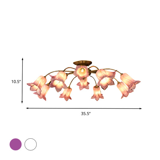 12 Lights Semi Flush Mount Minimalism Blossom White/Purple Glass Close to Ceiling Lamp for Bedroom Clearhalo 'Ceiling Lights' 'Close To Ceiling Lights' 'Close to ceiling' 'Glass shade' 'Glass' 'Semi-flushmount' Lighting' 337847