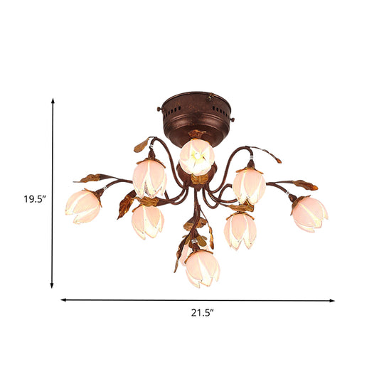 9 Lights Bedroom Semi Flush Countryside Rust Ceiling Light Fixture with Flower Pink Glass Shade Clearhalo 'Ceiling Lights' 'Chandeliers' 'Close To Ceiling Lights' 'Close to ceiling' 'Glass shade' 'Glass' 'Semi-flushmount' Lighting' 337854