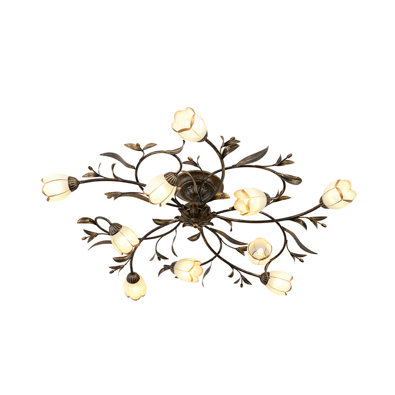 10 Lights Opal Glass Semi-Flush Mount Rustic Brass Blossom Dining Room Ceiling Lighting Clearhalo 'Ceiling Lights' 'Chandeliers' 'Close To Ceiling Lights' 'Close to ceiling' 'Glass shade' 'Glass' 'Semi-flushmount' Lighting' 337857