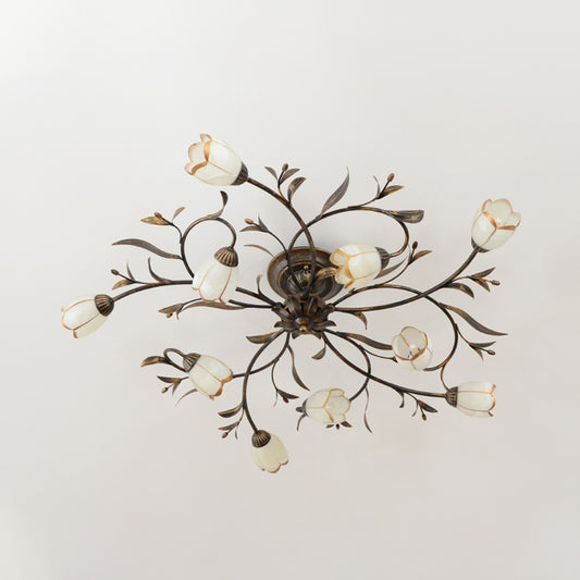 10 Lights Opal Glass Semi-Flush Mount Rustic Brass Blossom Dining Room Ceiling Lighting Clearhalo 'Ceiling Lights' 'Chandeliers' 'Close To Ceiling Lights' 'Close to ceiling' 'Glass shade' 'Glass' 'Semi-flushmount' Lighting' 337858