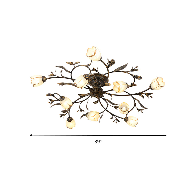 10 Lights Opal Glass Semi-Flush Mount Rustic Brass Blossom Dining Room Ceiling Lighting Clearhalo 'Ceiling Lights' 'Chandeliers' 'Close To Ceiling Lights' 'Close to ceiling' 'Glass shade' 'Glass' 'Semi-flushmount' Lighting' 337859
