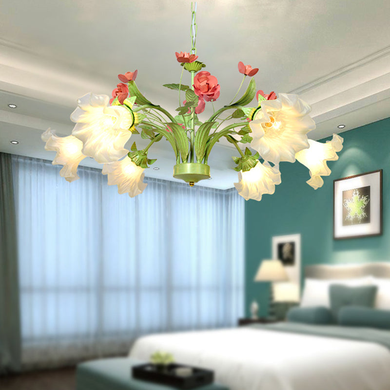 Traditional Flower Hanging Pendant 6 Heads Cream Glass Chandelier Lighting Fixture in Green for Bedroom Clearhalo 'Ceiling Lights' 'Chandeliers' 'Glass shade' 'Glass' Lighting' 337860