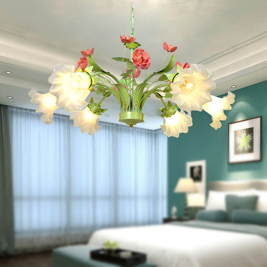 Traditional Flower Hanging Pendant 6 Heads Cream Glass Chandelier Lighting Fixture in Green for Bedroom Clearhalo 'Ceiling Lights' 'Chandeliers' 'Glass shade' 'Glass' Lighting' 337860