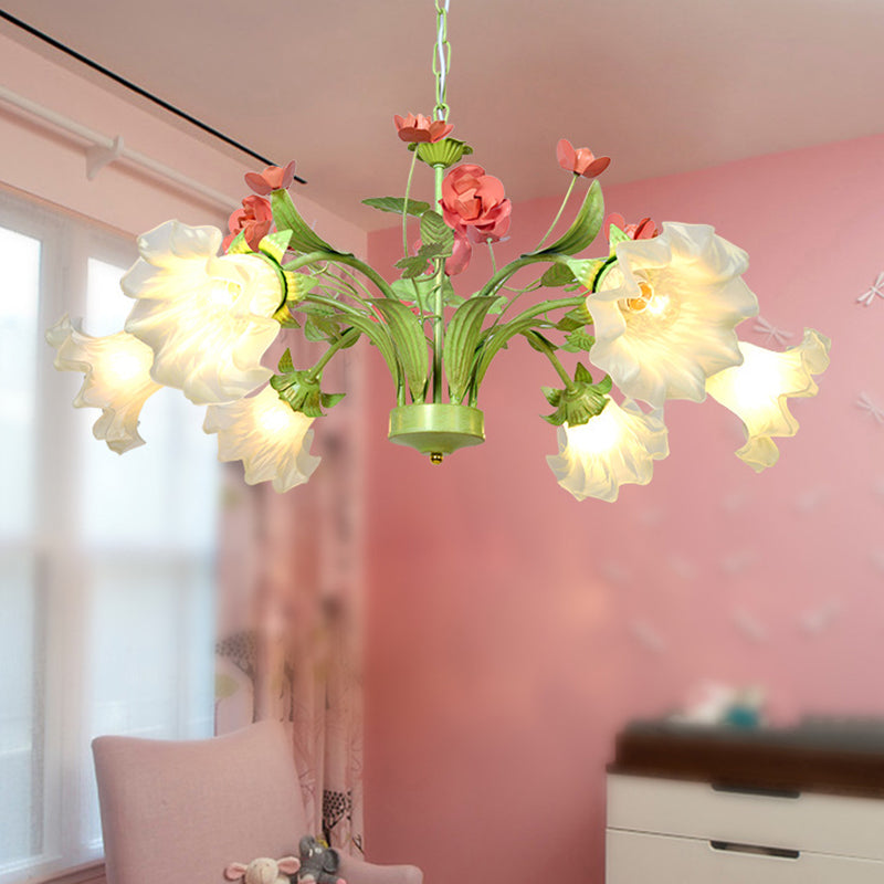 Traditional Flower Hanging Pendant 6 Heads Cream Glass Chandelier Lighting Fixture in Green for Bedroom Clearhalo 'Ceiling Lights' 'Chandeliers' 'Glass shade' 'Glass' Lighting' 337861