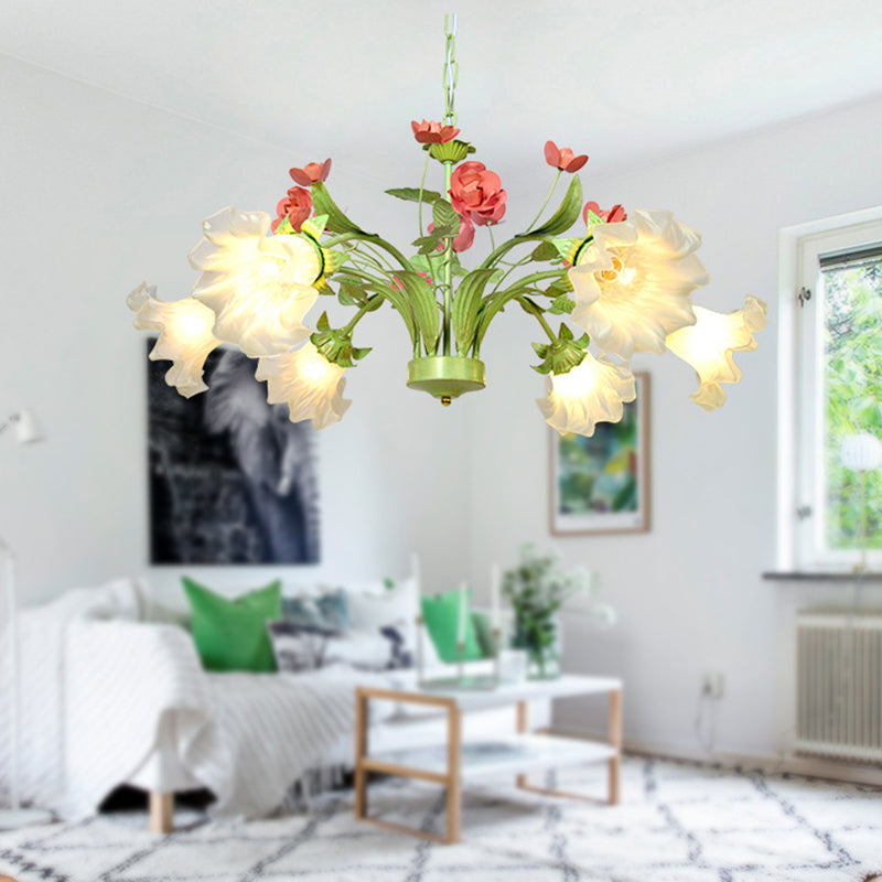 Traditional Flower Hanging Pendant 6 Heads Cream Glass Chandelier Lighting Fixture in Green for Bedroom Clearhalo 'Ceiling Lights' 'Chandeliers' 'Glass shade' 'Glass' Lighting' 337862