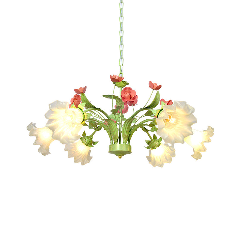 Traditional Flower Hanging Pendant 6 Heads Cream Glass Chandelier Lighting Fixture in Green for Bedroom Green Clearhalo 'Ceiling Lights' 'Chandeliers' 'Glass shade' 'Glass' Lighting' 337863