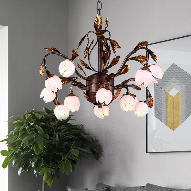 Purple Glass Blossom Chandelier Country Style 12 Heads Dining Room Pendant Light Fixture in Brown Brown Clearhalo 'Ceiling Lights' 'Chandeliers' 'Glass shade' 'Glass' Lighting' 337876