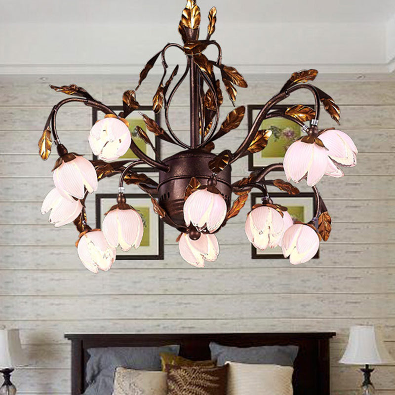 Purple Glass Blossom Chandelier Country Style 12 Heads Dining Room Pendant Light Fixture in Brown Clearhalo 'Ceiling Lights' 'Chandeliers' 'Glass shade' 'Glass' Lighting' 337877