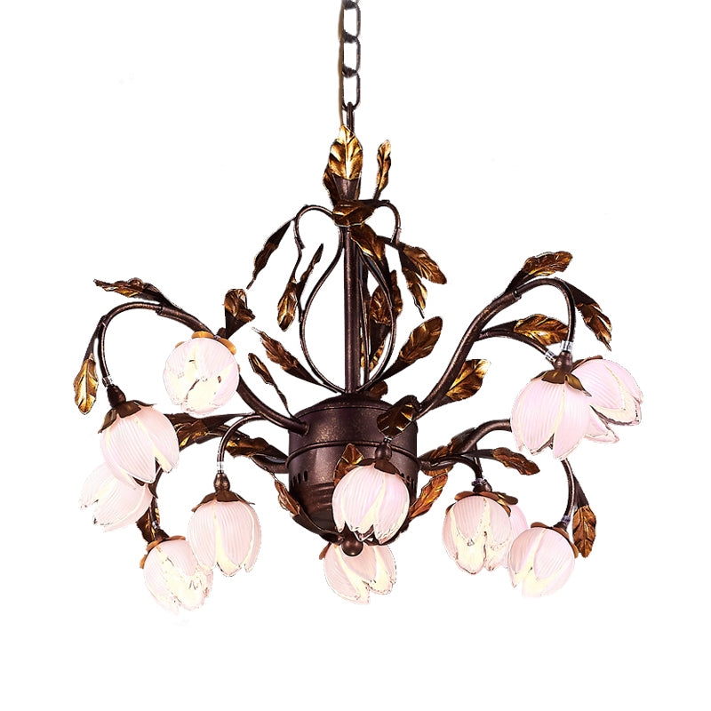 Purple Glass Blossom Chandelier Country Style 12 Heads Dining Room Pendant Light Fixture in Brown Clearhalo 'Ceiling Lights' 'Chandeliers' 'Glass shade' 'Glass' Lighting' 337878