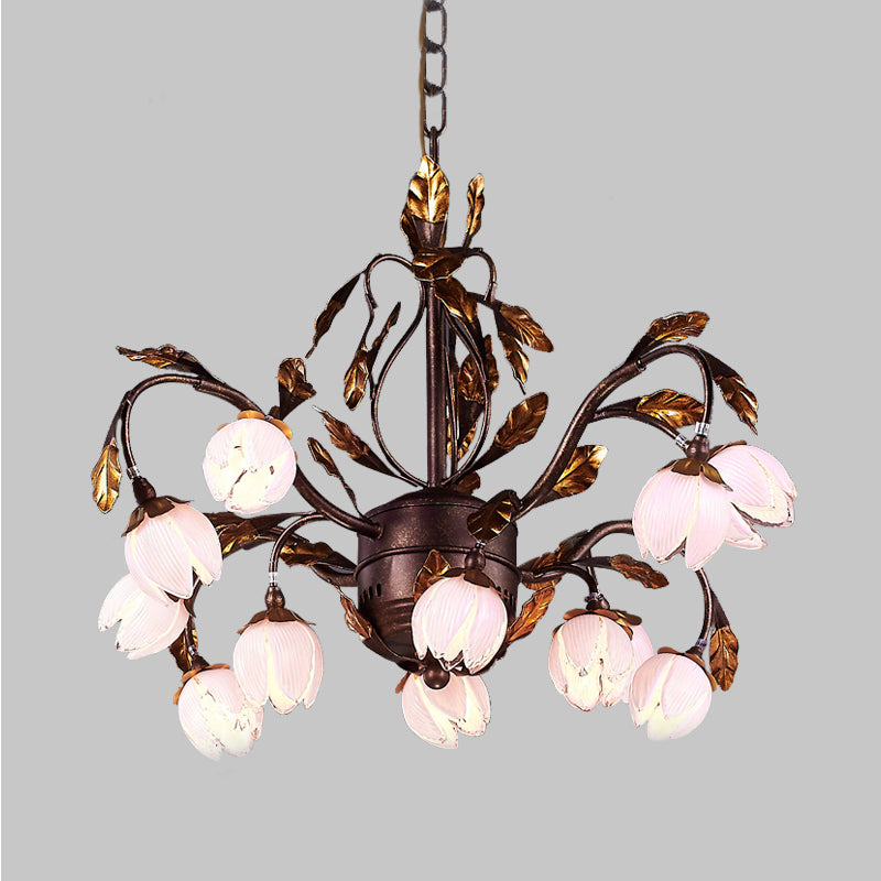 Purple Glass Blossom Chandelier Country Style 12 Heads Dining Room Pendant Light Fixture in Brown Clearhalo 'Ceiling Lights' 'Chandeliers' 'Glass shade' 'Glass' Lighting' 337879