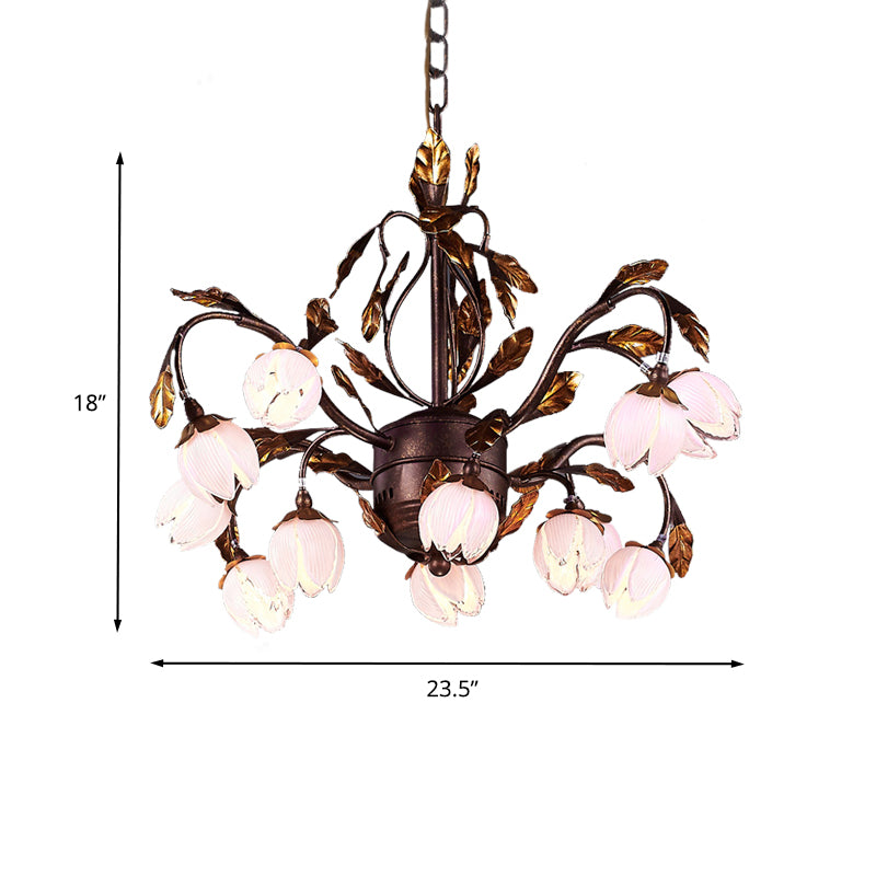 Purple Glass Blossom Chandelier Country Style 12 Heads Dining Room Pendant Light Fixture in Brown Clearhalo 'Ceiling Lights' 'Chandeliers' 'Glass shade' 'Glass' Lighting' 337880