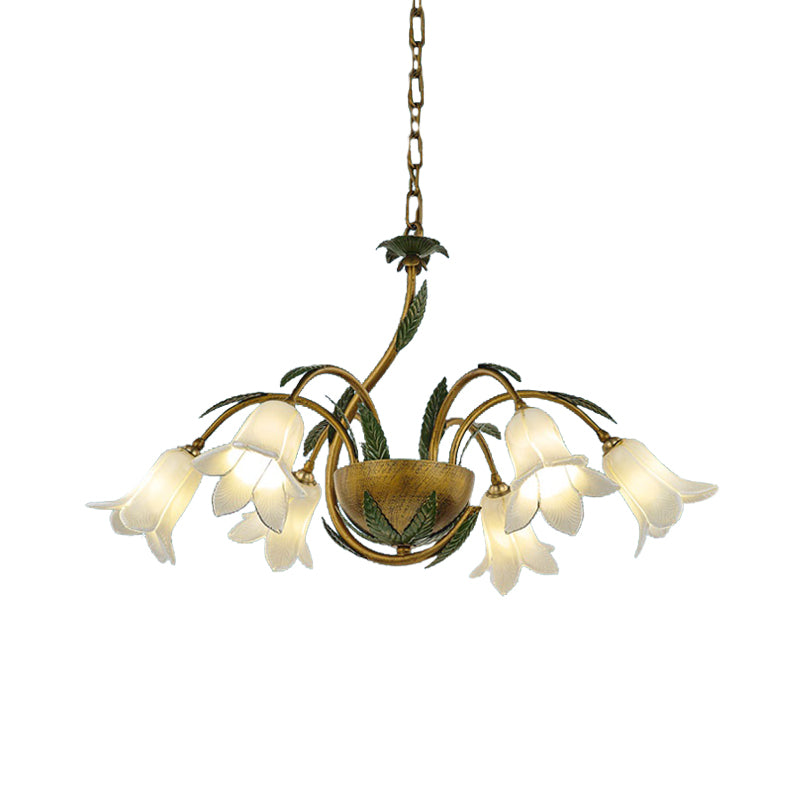 Brass 6 Heads Chandelier Lighting Vintage White/Purple Glass Bloom Pendant Ceiling Light for Bedroom Clearhalo 'Ceiling Lights' 'Chandeliers' 'Glass shade' 'Glass' Lighting' 337883