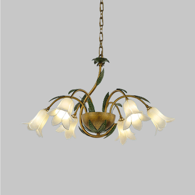 Brass 6 Heads Chandelier Lighting Vintage White/Purple Glass Bloom Pendant Ceiling Light for Bedroom Clearhalo 'Ceiling Lights' 'Chandeliers' 'Glass shade' 'Glass' Lighting' 337884