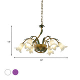 Brass 6 Heads Chandelier Lighting Vintage White/Purple Glass Bloom Pendant Ceiling Light for Bedroom Clearhalo 'Ceiling Lights' 'Chandeliers' 'Glass shade' 'Glass' Lighting' 337885