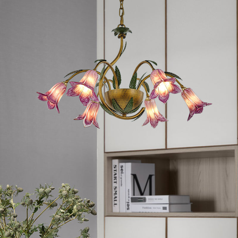 Brass 6 Heads Chandelier Lighting Vintage White/Purple Glass Bloom Pendant Ceiling Light for Bedroom Purple Clearhalo 'Ceiling Lights' 'Chandeliers' 'Glass shade' 'Glass' Lighting' 337886