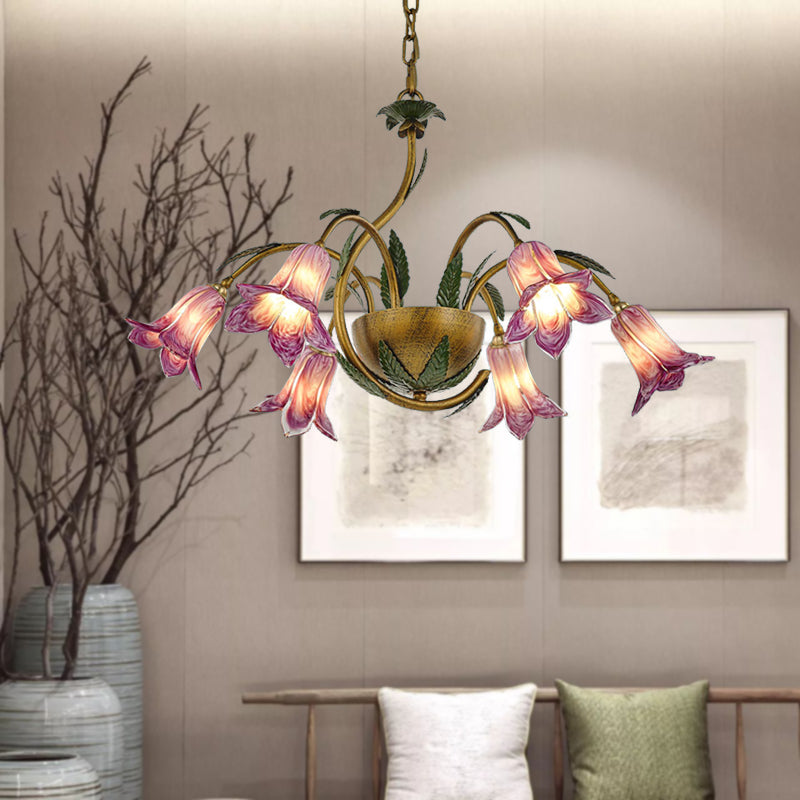 Brass 6 Heads Chandelier Lighting Vintage White/Purple Glass Bloom Pendant Ceiling Light for Bedroom Clearhalo 'Ceiling Lights' 'Chandeliers' 'Glass shade' 'Glass' Lighting' 337887