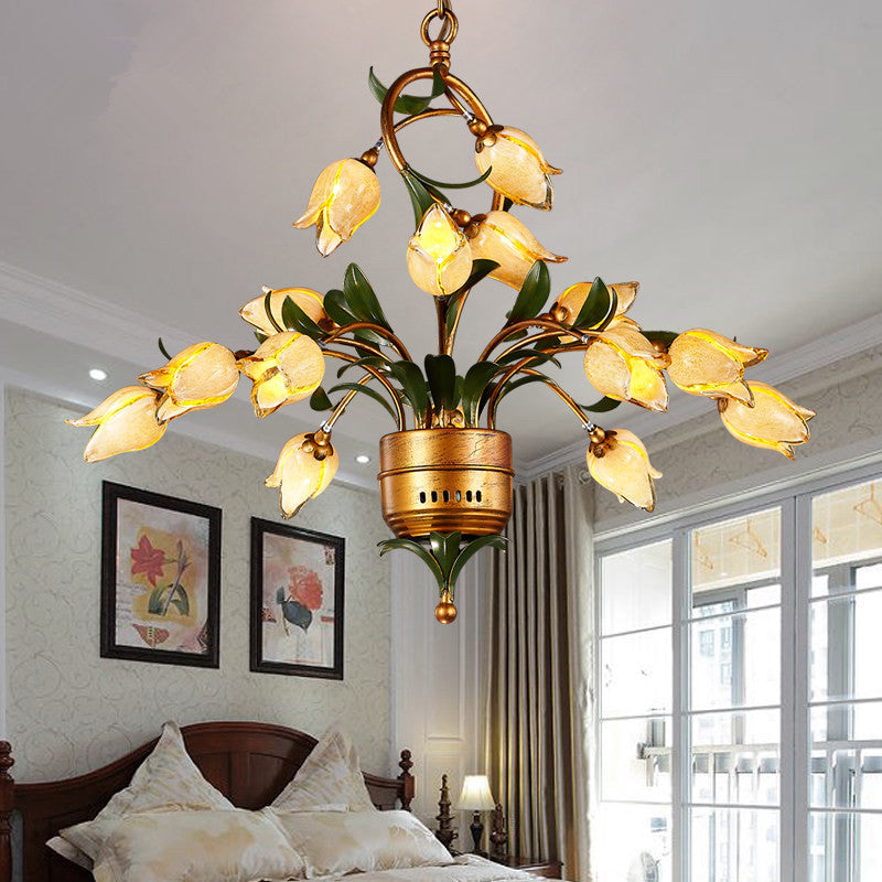 Brass Flower LED Hanging Chandelier Pastoral Frosted Glass 15 Lights Living Room Ceiling Pendant Clearhalo 'Ceiling Lights' 'Chandeliers' 'Glass shade' 'Glass' Lighting' 337890