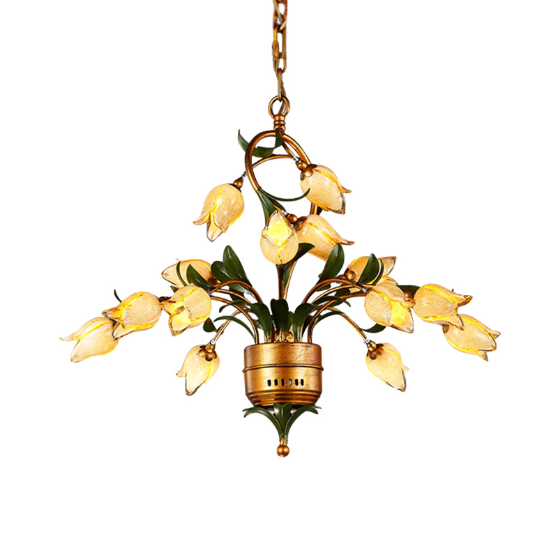 Brass Flower LED Hanging Chandelier Pastoral Frosted Glass 15 Lights Living Room Ceiling Pendant Clearhalo 'Ceiling Lights' 'Chandeliers' 'Glass shade' 'Glass' Lighting' 337891