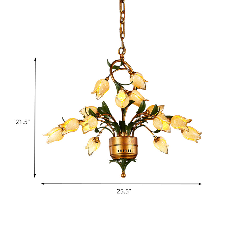 Brass Flower LED Hanging Chandelier Pastoral Frosted Glass 15 Lights Living Room Ceiling Pendant Clearhalo 'Ceiling Lights' 'Chandeliers' 'Glass shade' 'Glass' Lighting' 337893