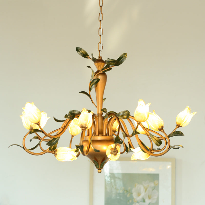 Frosted Glass Brass Hanging Chandelier Floral 15 Lights Countryside Down Lighting Pendant for Bedroom Clearhalo 'Ceiling Lights' 'Chandeliers' 'Glass shade' 'Glass' Lighting' 337895