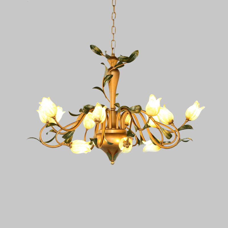 Frosted Glass Brass Hanging Chandelier Floral 15 Lights Countryside Down Lighting Pendant for Bedroom Clearhalo 'Ceiling Lights' 'Chandeliers' 'Glass shade' 'Glass' Lighting' 337897