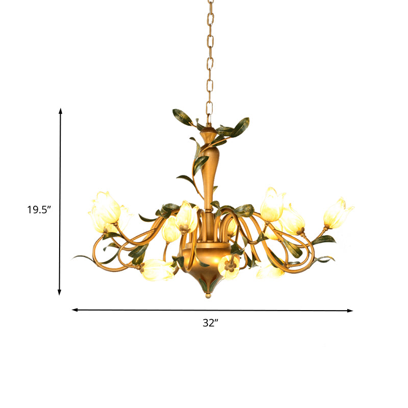 Frosted Glass Brass Hanging Chandelier Floral 15 Lights Countryside Down Lighting Pendant for Bedroom Clearhalo 'Ceiling Lights' 'Chandeliers' 'Glass shade' 'Glass' Lighting' 337898