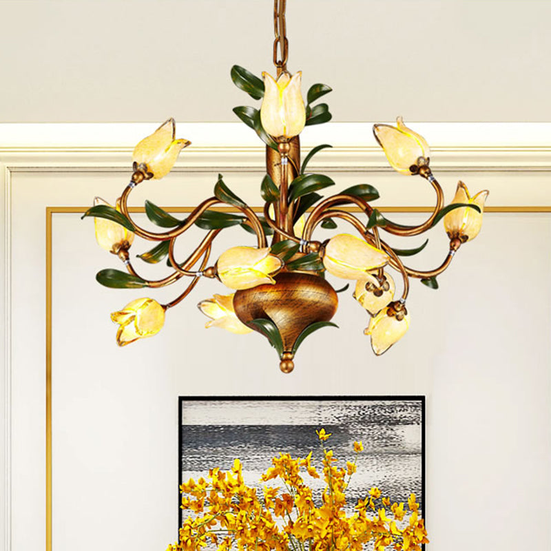 Traditional Blossom Chandelier Lighting Fixture 12 Heads Sandblasted Glass Pendant Ceiling Light in Brass Clearhalo 'Ceiling Lights' 'Chandeliers' 'Glass shade' 'Glass' Lighting' 337900