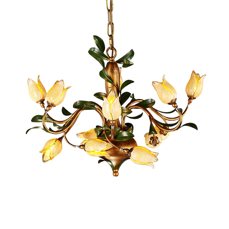 Traditional Blossom Chandelier Lighting Fixture 12 Heads Sandblasted Glass Pendant Ceiling Light in Brass Clearhalo 'Ceiling Lights' 'Chandeliers' 'Glass shade' 'Glass' Lighting' 337901