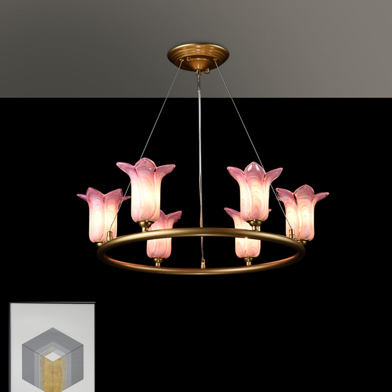 6 Bulbs Flared Pendant Lamp Traditionalism Purple Glass LED Chandelier Light Fixture for Living Room Clearhalo 'Ceiling Lights' 'Chandeliers' 'Glass shade' 'Glass' Lighting' 337905
