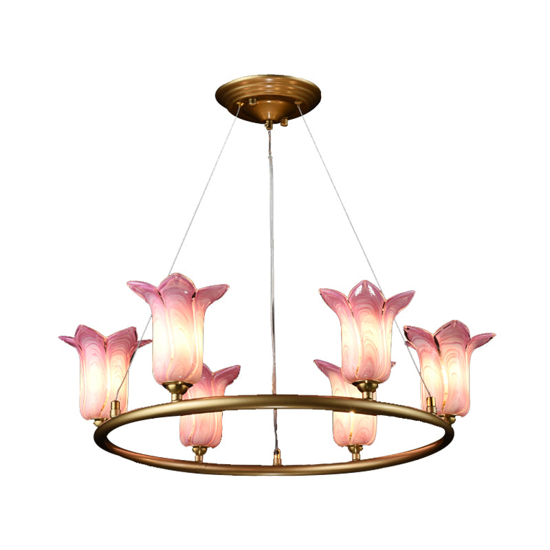 6 Bulbs Flared Pendant Lamp Traditionalism Purple Glass LED Chandelier Light Fixture for Living Room Clearhalo 'Ceiling Lights' 'Chandeliers' 'Glass shade' 'Glass' Lighting' 337906