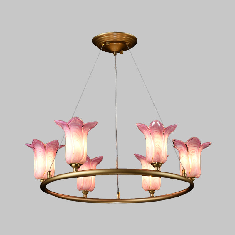 6 Bulbs Flared Pendant Lamp Traditionalism Purple Glass LED Chandelier Light Fixture for Living Room Clearhalo 'Ceiling Lights' 'Chandeliers' 'Glass shade' 'Glass' Lighting' 337907