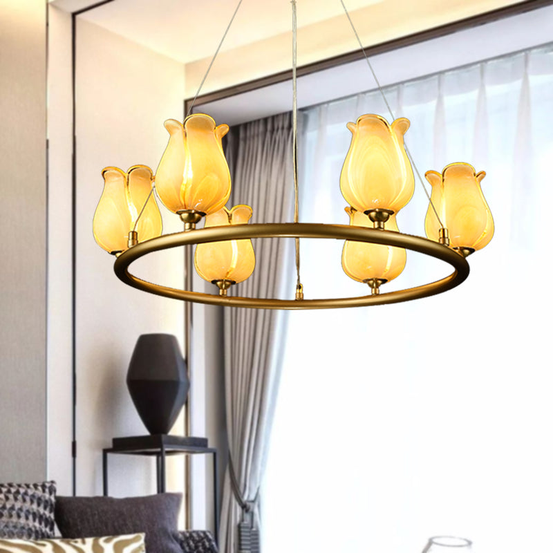 6 Lights Chandelier Pendant Light Traditional Wagon Wheel LED Metal Suspension Lamp with White/Yellow Glass Shade Yellow Clearhalo 'Ceiling Lights' 'Chandeliers' 'Glass shade' 'Glass' Lighting' 337909