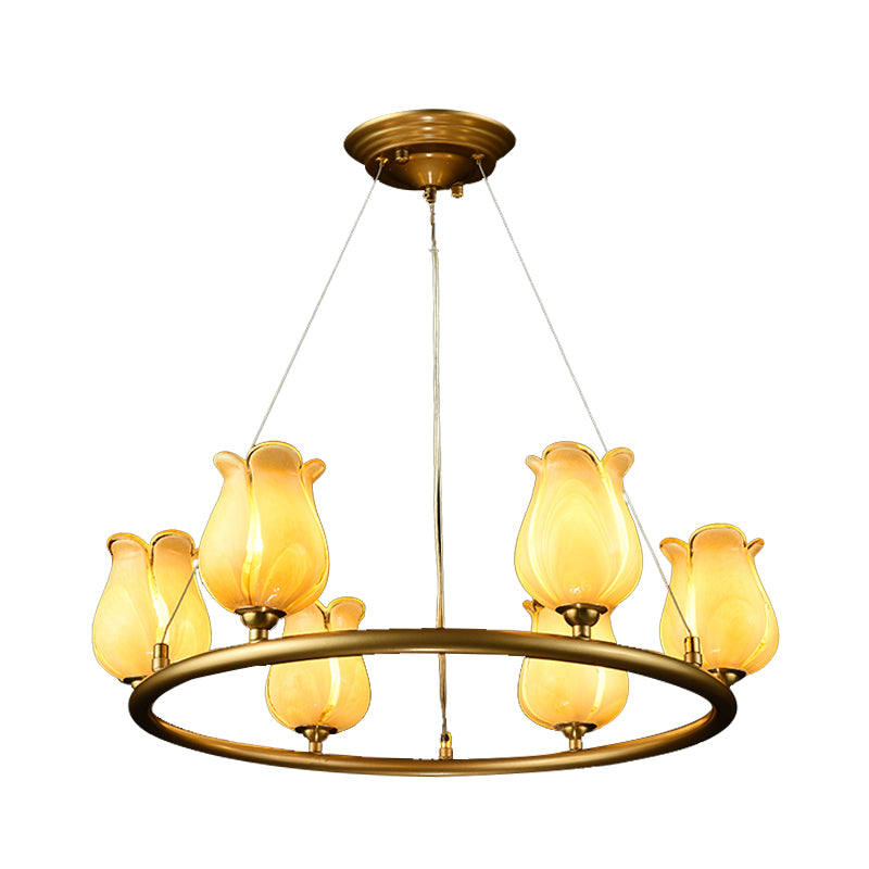 6 Lights Chandelier Pendant Light Traditional Wagon Wheel LED Metal Suspension Lamp with White/Yellow Glass Shade Clearhalo 'Ceiling Lights' 'Chandeliers' 'Glass shade' 'Glass' Lighting' 337911