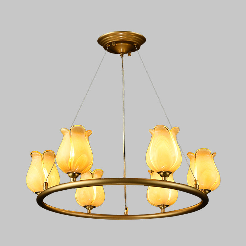 6 Lights Chandelier Pendant Light Traditional Wagon Wheel LED Metal Suspension Lamp with White/Yellow Glass Shade Clearhalo 'Ceiling Lights' 'Chandeliers' 'Glass shade' 'Glass' Lighting' 337912