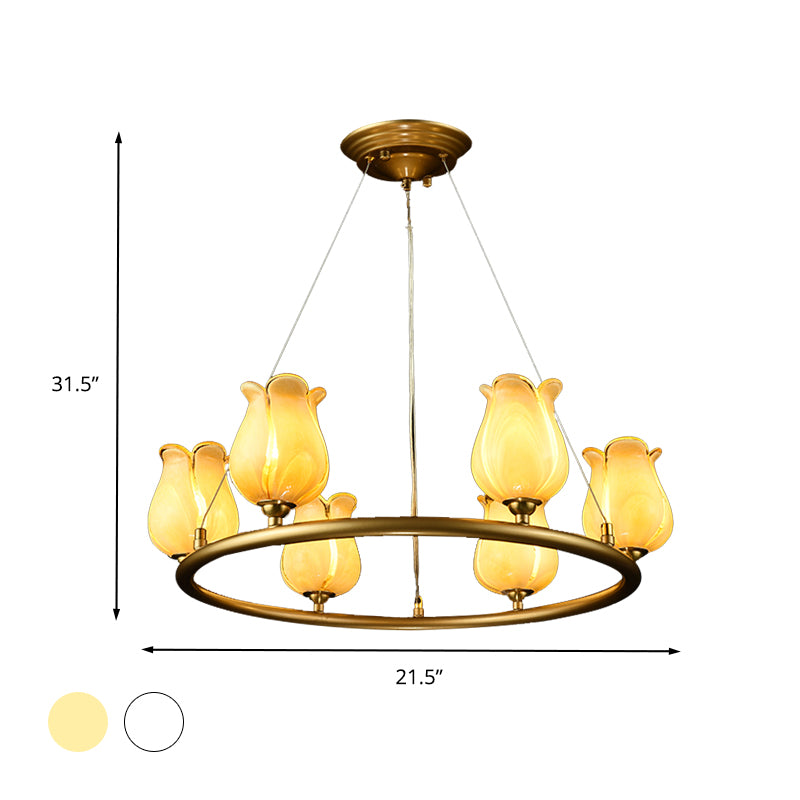 6 Lights Chandelier Pendant Light Traditional Wagon Wheel LED Metal Suspension Lamp with White/Yellow Glass Shade Clearhalo 'Ceiling Lights' 'Chandeliers' 'Glass shade' 'Glass' Lighting' 337913